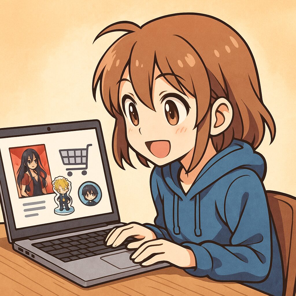 アニメ風キャラクターがパソコンで買い物をしている様子